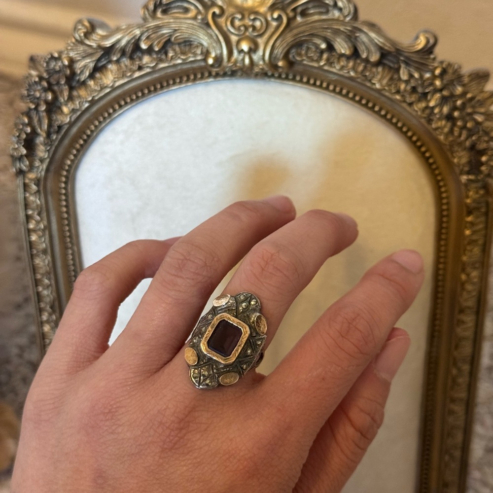 Vintage 10k Gold & Sterling Silver Statement Ring with Garnet Center